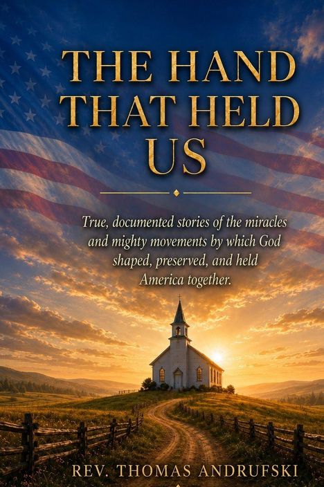 "The Hand That Held Us" von Rev. Thomas Andrufs​ki. Kirche auf Hügel im Sonnenuntergang, US-Flagge im Hintergrund.