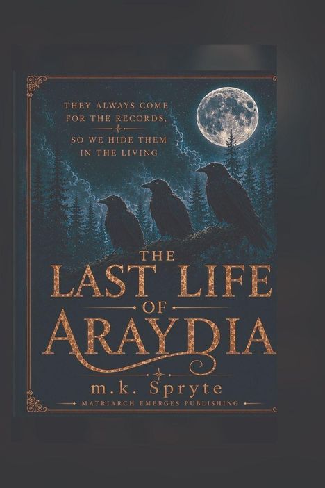 Text: "THEY ALWAYS COME FOR THE RECORDS, SO WE HIDE THEM IN THE LIVING. THE LAST LIFE OF ARAYDIA." Illustration von drei Raben vor einem Vollmond.