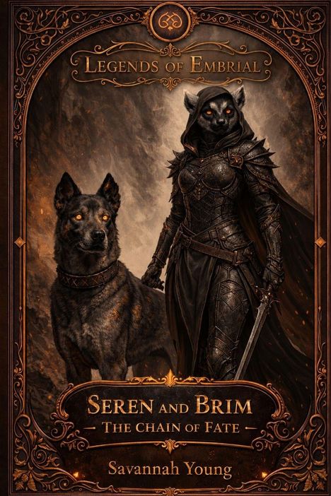 "Legends of Embrial," "Seren and Brim - The Chain of Fate," "Savannah Young." Illustration: Eine gerüstete Gestalt mit Wolf.