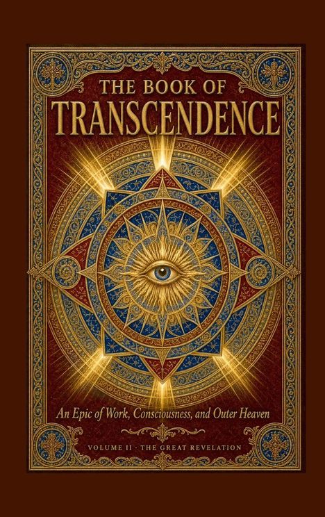"The Book of Transcendence", verziert mit einem strahlenden Auge und komplexen, goldenen Mustern auf blauem und rotem Hintergrund.
