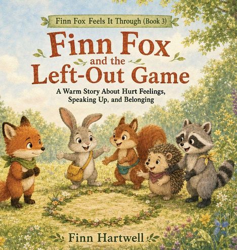 Text: "Finn Fox and the Left-Out Game" und "A Warm Story About Hurt Feelings, Speaking Up, and Belonging." Illustration: Tiere im Wald.
