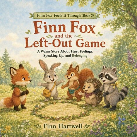 Titel: "Finn Fox and the Left-Out Game". Fünf freundlich aussehende Tiere in einem Wald.