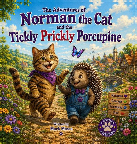 "The Adventures of Norman the Cat and the Tickly Prickly Porcupine". Illustration mit Katze, Igel, Schmetterling, Dorf.