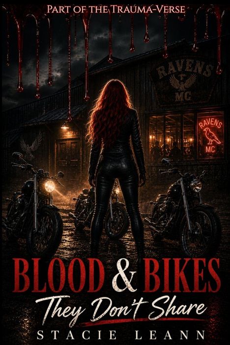 "Blood & Bikes: They Don’t Share" von Stacie Leann. Frau sieht zwei Motorräder vor einem Club mit neonrotem "Ravens MC"-Logo.