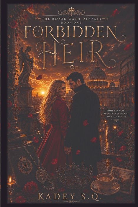 "The Blood Oath Dynasty Book One: Forbidden Heir" in goldener Schrift, Paar bei Sonnenuntergang, gotische Architektur.