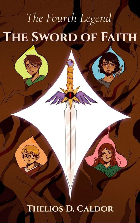 "The Fourth Legend: The Sword of Faith" von Thelios D. Caldor. Eine Illustration zeigt ein Schwert und vier Charaktere.