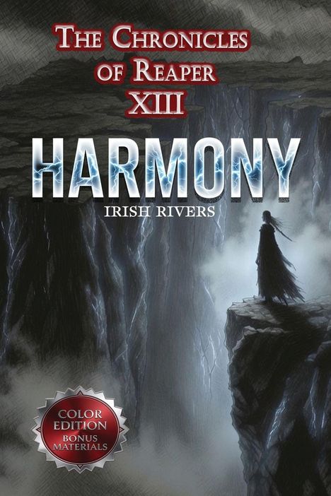 "The Chronicles of Reaper XIII", "Harmony", "Irish Rivers". Eine Gestalt steht auf einer Felskante vor einer düsteren Schlucht.