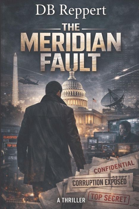 "DB Reppert, The Meridian Fault, A Thriller. Geheime Dokumente, Gebäude mit Kuppel, Satellitenschüssel, Mann in Jacke."