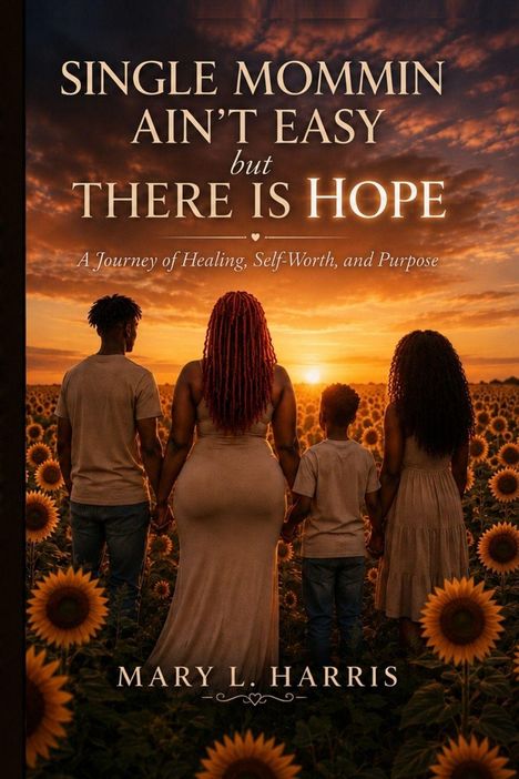 „SINGLE MOMMIN AIN'T EASY but THERE IS HOPE“ steht über Menschen im Sonnenblumenfeld beim Sonnenuntergang.