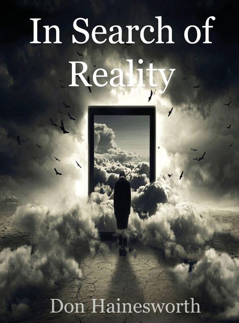 Text: „In Search of Reality“ und „Don Hainesworth“. Illustration: Eine Person geht durch eine Tür aus Wolken in einen Himmel.