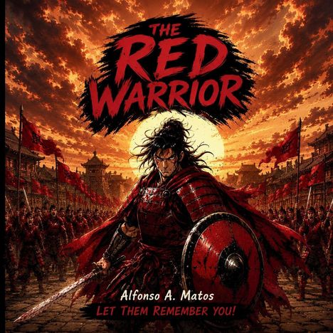 "The Red Warrior" in kräftigem Rot. Illustration eines Kriegers mit Schwert und Schild, umgeben von Soldaten bei Sonnenuntergang.