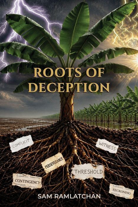 Texte: "ROOTS OF DECEPTION", "COMPLICIT", "WITNESS", "THRESHOLD", "PERSEVERANCE", "CONTINGENCY", "RECKONING", "SAM RAMLATCHAN". 

Illustration einer Pflanze mit großen Wurzeln und dramatischem Himmel.