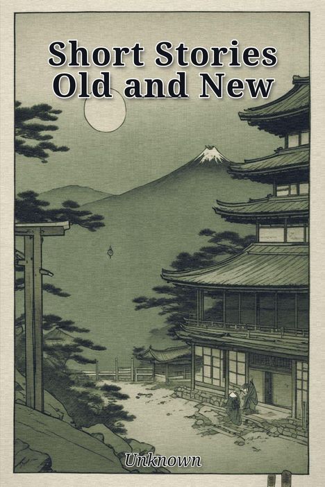 Text: "Short Stories Old and New" und "Unknown".  
Illustration: Japanisches Gebäude, Berge, Mond.