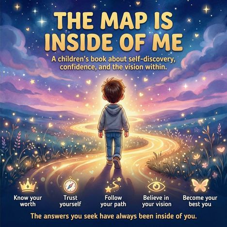 „THE MAP IS INSIDE OF ME“, Kinderbuch über Selbstentdeckung. Junge auf leuchtendem Weg in Sternennacht. Symbole unten.