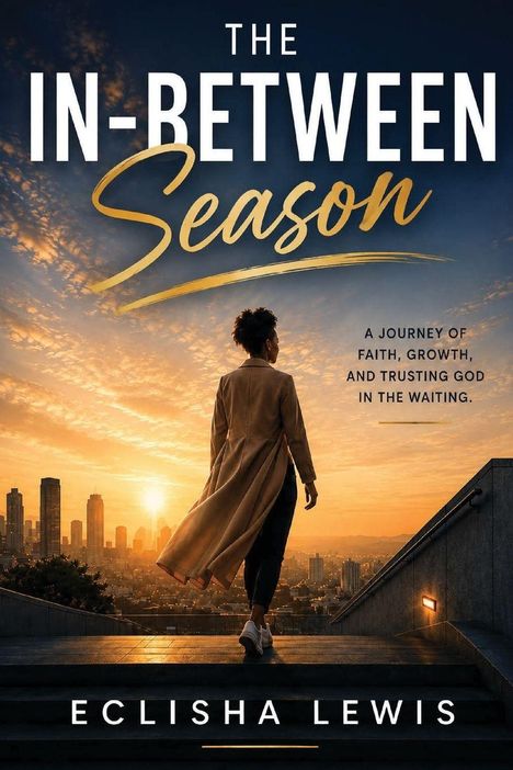 "The In-Between Season" oben; Frau schreitet bei Sonnenuntergang über Treppen; Skyline im Hintergrund.