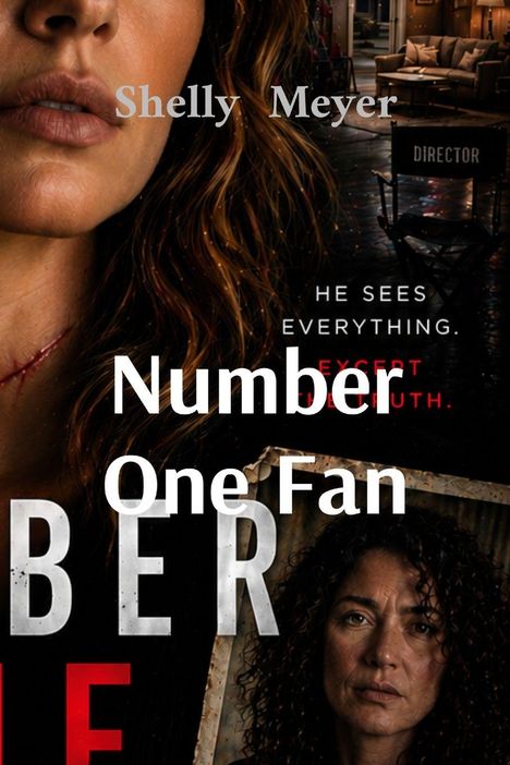 Text: "Shelly Meyer", "He sees everything. Except the truth.", "Number One Fan". Nahaufnahme einer Frau und ein Set mit einem Regiestuhl.