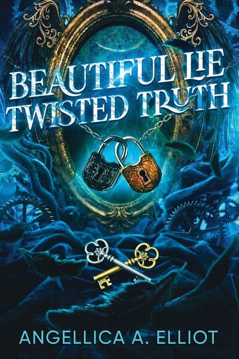 „BEAUTIFUL LIE TWISTED TRUTH“ steht groß. Zwei Vorhängeschlösser hängen an Ketten, umgeben von blauen Stoffen und Zahnrädern.