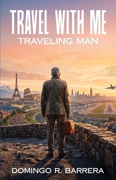 „TRAVEL WITH ME“, „TRAVELING MAN“, „DOMINGO R. BARRERA“. Ein Mann betrachtet Wahrzeichen wie Eiffelturm und Kolosseum.