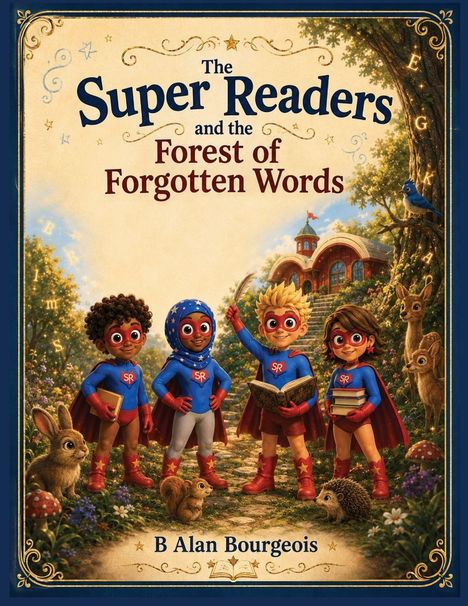 „The Super Readers and the Forest of Forgotten Words“ von B Alan Bourgeois. Illustration von Kindern in Superheldenkostümen.