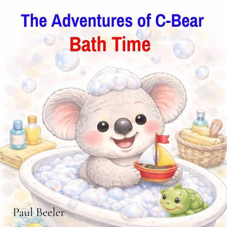 „The Adventures of C-Bear Bath Time“ in Blau und Rot. Ein fröhlicher Koala in einer Badewanne voller Schaum, mit Spielzeug.