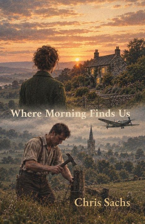 "Where Morning Finds Us" und "Chris Sachs." Illustration einer Landschaft bei Sonnenaufgang, mit zwei Personen und einem Flugzeug.