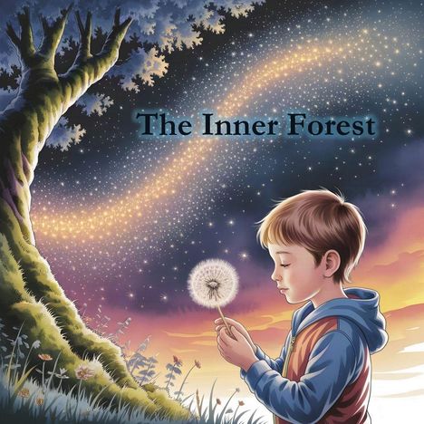 Text: "The Inner Forest". Ein Kind hält einen Pusteblumenkopf und steht unter einem Baum, mit funkelnden Sternen am Himmel.