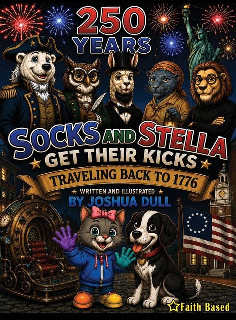 "250 Years Socks and Stella Get Their Kicks Traveling Back to 1776" 
Illustration von Tieren in historischen Kostümen.