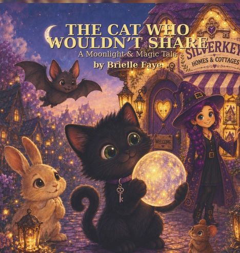Text: "The Cat Who Wouldn't Share: A Moonlight & Magic Tale by Brielle Faye." Illustration zeigt Tiere und eine Hexe bei Nacht.