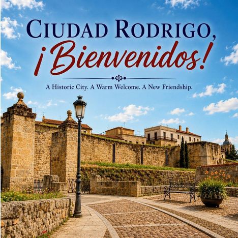 Text: "Ciudad Rodrigo, ¡Bienvenidos! A Historic City. A Warm Welcome. A New Friendship." Steinmauern, Laterne, blauer Himmel.
