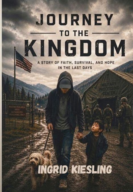 „Journey to the Kingdom“. Ein Mann hält ein Kind an der Hand, ein Hund läuft neben ihnen. Im Hintergrund ein Militärzelt.