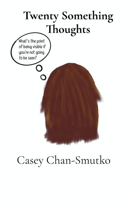 „Twenty Something Thoughts“ und „Casey Chan-Smutko“ mit einer Illustration eines Hinterkopfs und Denkblase.