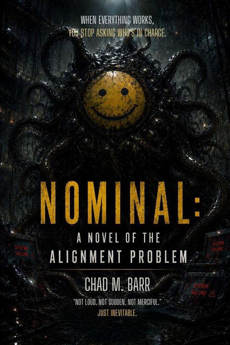"Nominal: A Novel of the Alignment Problem" von Chad M. Barr. Dunkler Hintergrund mit gelbem Smiley-Gesicht.