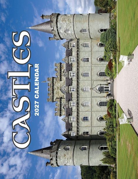 "CASTLES 2027 CALENDAR" in weißen Großbuchstaben. Eine Burg mit hohen Türmen, umgeben von Gärten und gepflegten Wegen.