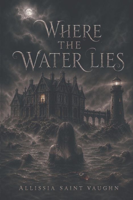 Text: "Where the Water Lies" und "Allissia Saint Vaughn". Eine düstere Illustration: Frau im Meer vor einem großen Herrenhaus.
