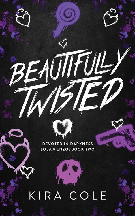 "Beautifully Twisted" in großer weißer Schrift, darunter "Devoted in Darkness, Lola × Enzo: Book Two." Lila grafische Motive.
