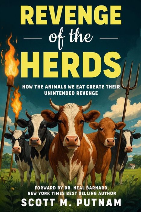 Oben steht "Revenge of the Herds". Unten Kühe mit Heugabel und Fackel auf einer Wiese.