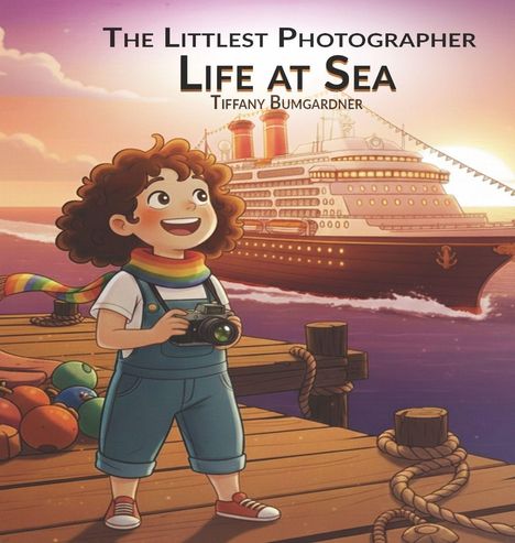 Text: "The Littlest Photographer: Life at Sea" von Tiffany Bumgardner. Illustration: Kind mit Kamera auf einem Steg vor einem Schiff.