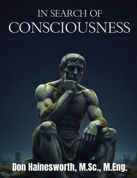 „IN SEARCH OF CONSCIOUSNESS“ und „Don Hainesworth, M.Sc., M.Eng.“; Nachbildung des Denkers, umgeben von Ruinen und Sternenhimmel.