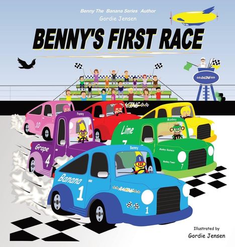 Text: "BENNY'S FIRST RACE", "Banana", "Grape", "Lime", "Benny", "Penny", "Monkey". Illustration von bunten Rennautos und Zuschauern.