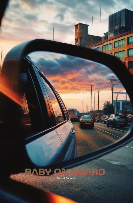 "Baby on Board" und "Denzel Cannon" sind zu lesen. Ein Seitenspiegel zeigt eine Straße mit Autos im Sonnenuntergang.
