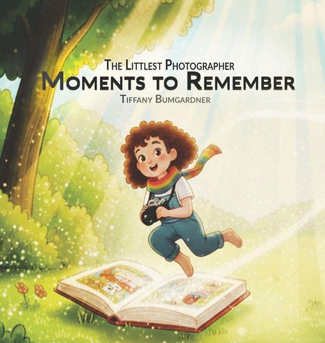 Text: "The Littlest Photographer: Moments to Remember, Tiffany Bumgardner." Illustration: Kind auf Buch, Kamera, Wald.