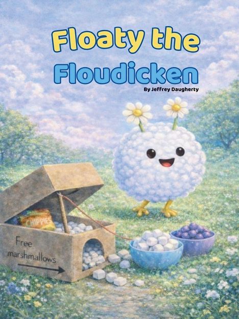 "Floaty the Floudicken" und "Free marshmallows" stehen auf einer Illustration mit einer wolkenartigen Kreatur und Schalen.
