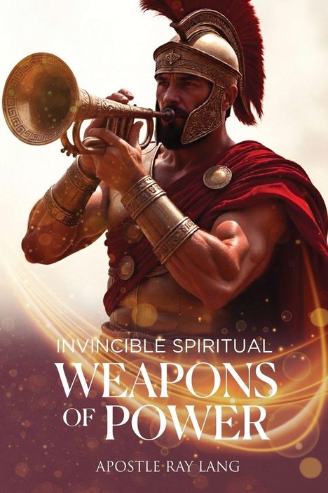 Text: "INVINCIBLE SPIRITUAL WEAPONS OF POWER APOSTLE RAY LANG". Ein Krieger in römischer Rüstung bläst in eine Trompete.