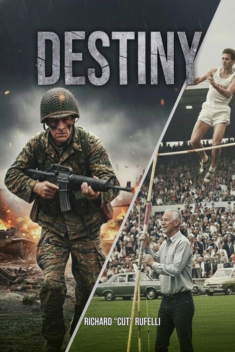 Zuoberst steht „DESTINY“. Links ein Soldat mit Gewehr, rechts Szenen aus einem Sportstadion mit Publikum. Unten der Name „Richard 'Cut' Rufelli“.