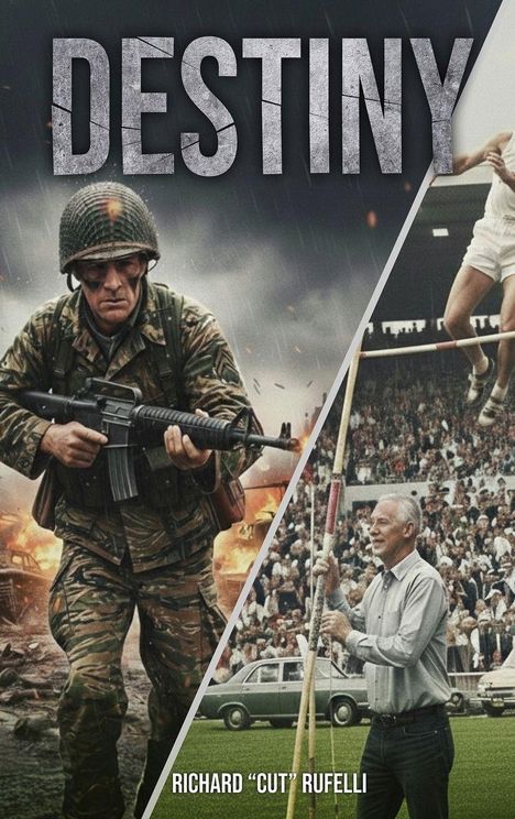 Text: DESTINY. Unten: RICHARD "CUT" RUFELLI. Links: Soldat im Kampf. Rechts: Älterer Mann bei einem Sportereignis.