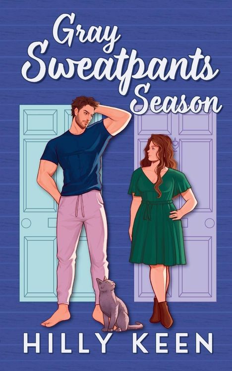 "Gray Sweatpants Season" und "Hilly Keen". Illustration: Mann, Frau, Katze vor farbigen Türen auf blauem Hintergrund.