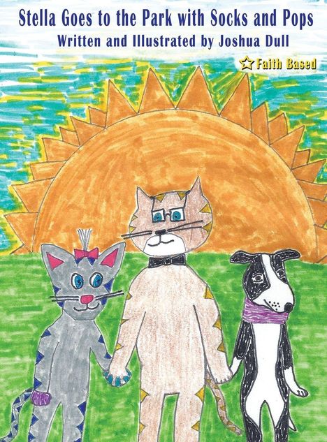 Buchtitel: „Stella Goes to the Park with Socks and Pops“. Illustration von Katzen und Hund vor großer, gelber Sonne.