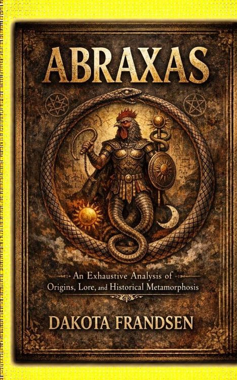 „ABRAXAS“ oben, darunter „An Exhaustive Analysis...“ und „DAKOTA FRANDSEN“. Illustration: Figur, Mischung aus Mensch und Tier.