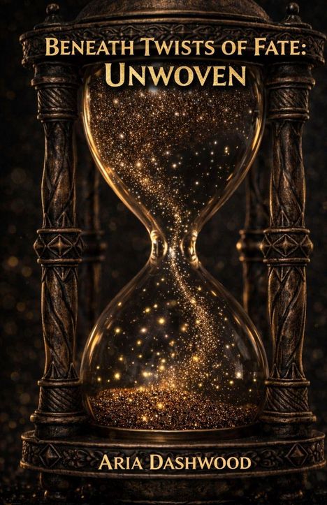 "Beneath Twists of Fate: Unwoven" und "Aria Dashwood" stehen über einer Sanduhr mit glitzerndem Inhalt.