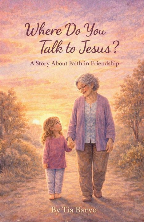 „Where Do You Talk to Jesus?“ Umschlagillustration: ältere Frau hält Mädchen, Sonnenuntergang im Hintergrund.